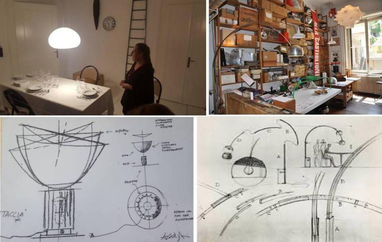 Milano, Fondazione Achille Castiglioni. Alcuni momenti della visita con Giovanna Castiglioni in veste di guida (ambiente di un arredo dei Castiglioni allestito da Marco Marzini) e una delle sale dello studio-museo. In basso: fratelli Castiglioni, disegni di progetto della lampada Taccia; disegni di progetto della lampada Arco.