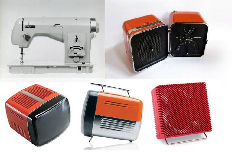 Marco Zanuso, macchina per cucire superautomatica MOD. 1102 , Borletti, 1956 (Compasso d’Oro 1956); Marco Zanuso e Richard Sapper, radio Cubo, Brionvega, 1962; televisore Doney, Brionvega, 1962 (Compasso d’Oro 1962); Marco Zanuso, ventilatore Ariante, Vortice Elettrosociali, 1973 (Compasso d'Oro 1979).