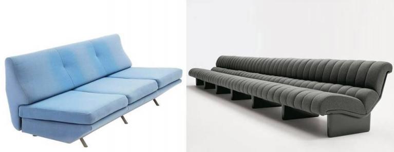 Marco Zanuso, divano Triennale per Arflex, 1957; sistema per il sofà infinito Lombrico per C&B, 1967.
