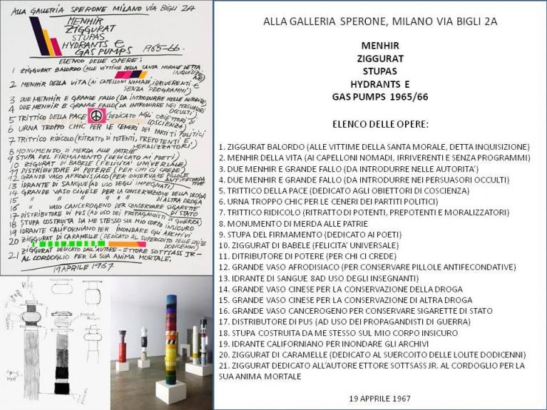 Manifesto della mostra Menhir, ZigGurat, Stupas, Hydrants Gas Pumps, alla Galleria Sperone, Milano, 1967, alcuni disegni di progetto, una foto dello storico allestimento. A fianco: riscrittura del testo del manifesto.