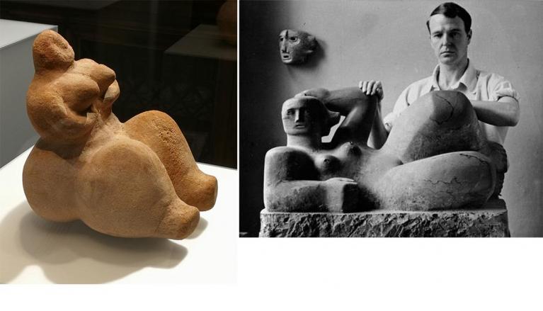 Figura steatopigia seduta. IV millennio a.C. Arabia sud-occidentale. Collezione Bernard Dulon, Parigi - Henry Moore con Figura reclinata e Maschera, 1929-30. The Henry Moore Foundation Archive.