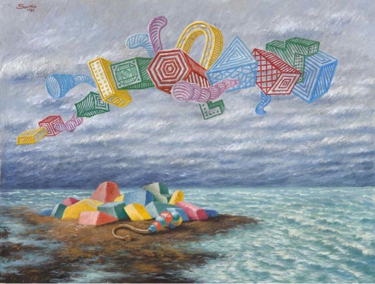 Alberto Savinio, Senza titolo, 1929. In alto: Alberto Savinio, L'isola dei giocattoli, 1930.