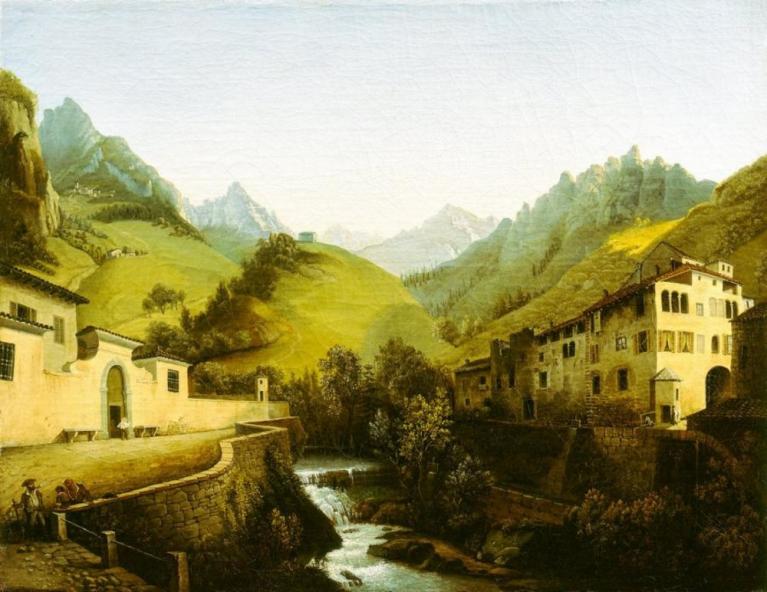 Marco Gozzi, Paesaggio montano con torrente Ogna, palazzo Moroni e una fabbrica di ferro, 1833 ca Olio su tela, 62 X 47,5 cm Milano, Gallerie di Piazza Scala