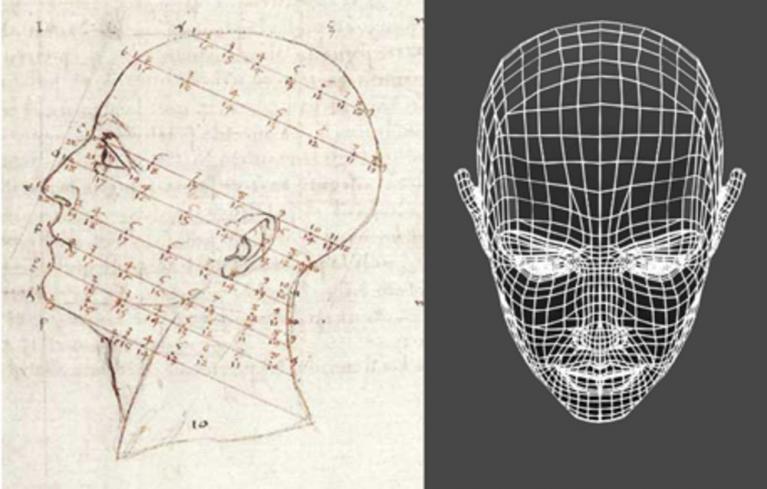 Disegno di Piero della Francesca tratto da De prospectica pingendi e visualizzazione wireframe di una testa costruita con un software per la modellazione 3D