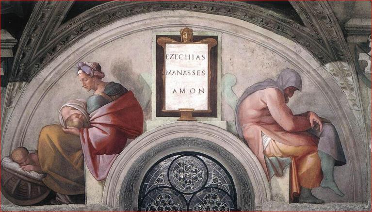 Michelangelo, ciclo degli Antenati di Cristo, Pubblico dominio - Wikimedia Commons.