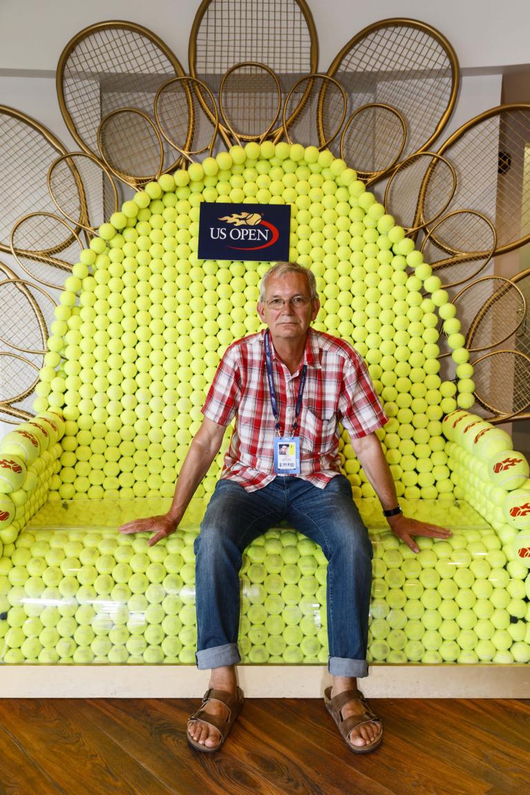 Martin Parr, Portrait of Martin Parr at us open Louis Little, New York, USA, 2017.