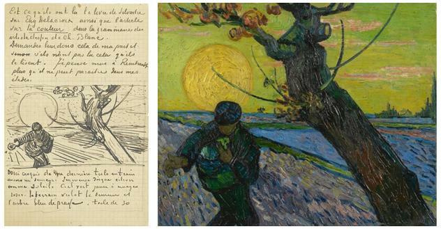 Da sinistra: lettera di Vincent a Theo, con schizzo de Il seminatore, Arles, verso il 21 Novembre 1888; Il seminatore, olio su tela, 1888, © Van Gogh Museum, Amsterdam, Vincent van Gogh Foundation.