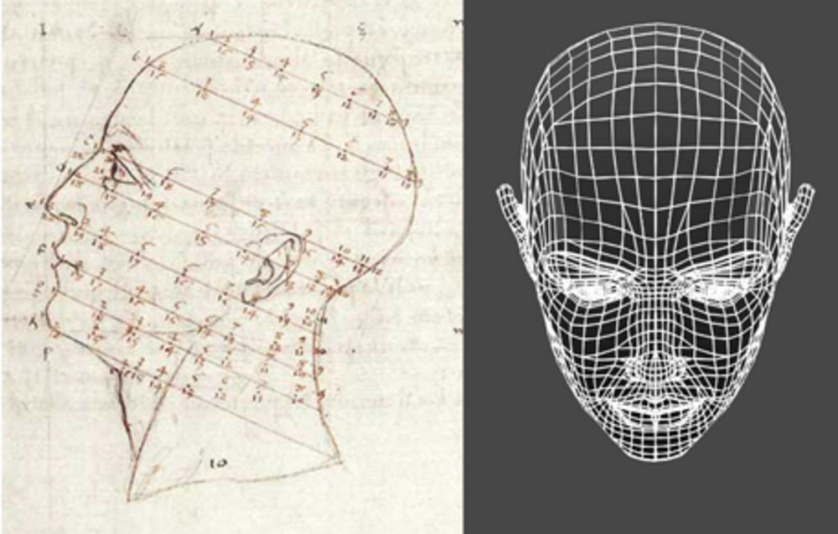 Disegno di Piero della Francesca tratto da De prospectica pingendi e visualizzazione wireframe di una testa costruita con un software per la modellazione 3D