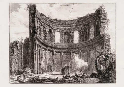 Luca Vitone, Capricci (Avanzi del Tempio detto di Apollo nella Villa Adriana vicino a Tivoli, disegnato da Giovanni Battista Piranesi) 1768-2022 Intervento ad inchiostro su acquaforte, stato II/IV 53,5 x 74 cm senza cornice Courtesy dell’artista; Galerie Rolando Anselmi, Roma-Berlin Foto Sebastiano Luciano