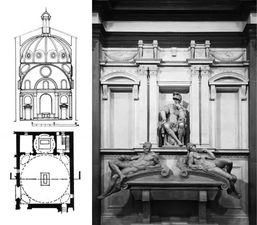 anta e alzato della Sagrestia Vecchia progettata da Filippo Brunelleschi (conclusa nel 1428) per la Basilica di San Lorenzo a Firenze – Michelangelo Buonarroti, sepolcro di Lorenzo de’ Medici nella Sagrestia Nuova in San Lorenzo a Firenze (la tomba di Lorenzo venne eseguita tra il 1524 e il 1534).