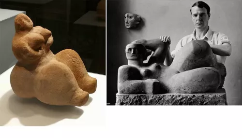 Figura steatopigia seduta. IV millennio a.C. Arabia sud-occidentale. Collezione Bernard Dulon, Parigi - Henry Moore con Figura reclinata e Maschera, 1929-30. The Henry Moore Foundation Archive.
