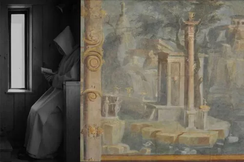 Monaco in meditazione nella sua cella / Affresco con paesaggio idilliaco sacrale, proveniente dalla parete Nord dell’ekklesiasterion del Tempio di Iside, IV stile. Napoli, Museo Archeologico Nazionale.