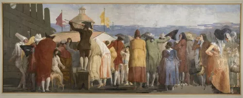 Giandomenico Tiepolo, Mondo Novo, 1791. Affresco eseguito nella villa di famiglia a Zianigo. Strappato nel 1906 e trasferito nel 1935 a Ca’ Rezzonico.