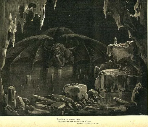 La Giudecca e Lucifero (Divina Commedia, Canto XXXIV). Illustrazione di Paul Gustave Doré.