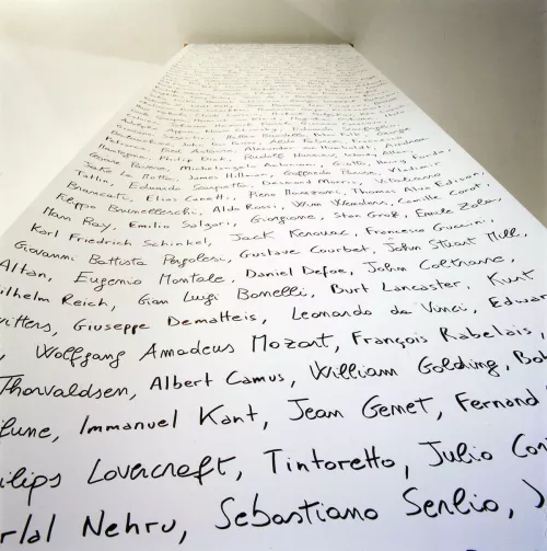 Opera realizzata con Cesare Viel 2001 Pennarello su carta acetata 2 fogli 100 x 1000 cm ciascuno Courtesy dell’artista e Galleria Pinksummer, Genova / Galerie Nagel Draxler, Berlin, Köln / Galerie Michel Rein, Paris, Bruxelles Foto Roberto Marossi
