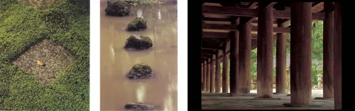 Filare di pilastri del portone centrale di Horyuji, Nara 1960 - Pietra quadrangolare, Saihoji, Kyoto, 1965 - Sassi nel laghetto Kongôchi, Saihoji, Kyoto, 1963.