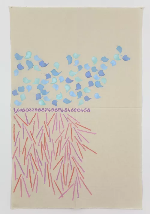 Giorgio Griffa, Canone Aureo 458, 2012, acrilico su tela, 160 x 100cm. Foto: Jean Vong, Courtesy the artist and Casey Kaplan, New York.