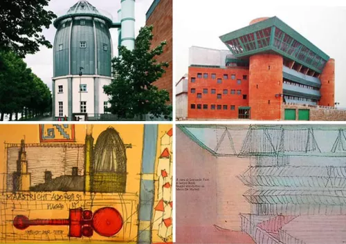 Aldo Rossi, Bonnefantenmuseum, Maastricht, 1990: veduta e disegno di studio. Guido Canella, Centro civico con municipio e scuole, Pieve Emanuele, Milano, 1971-78: veduta e disegno di studio.