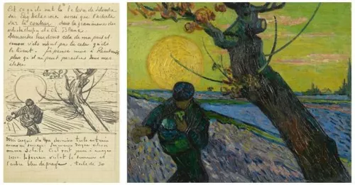 Da sinistra: lettera di Vincent a Theo, con schizzo de Il seminatore, Arles, verso il 21 Novembre 1888; Il seminatore, olio su tela, 1888, © Van Gogh Museum, Amsterdam, Vincent van Gogh Foundation.