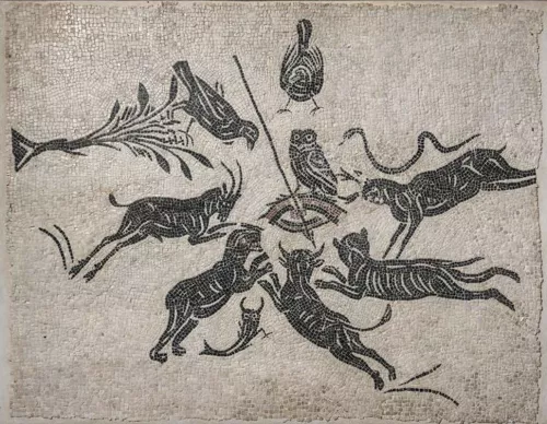 Mosaico bianco nero con scena di malocchio. Metà del II sec. d.C. Roma, Musei Capitolini, Antiquarium, AC 4951.