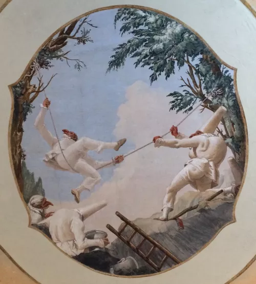Domenico Tiepolo, L'altalena dei Pulcinella, affresco, Venezia, Ca' Rezzonico.
