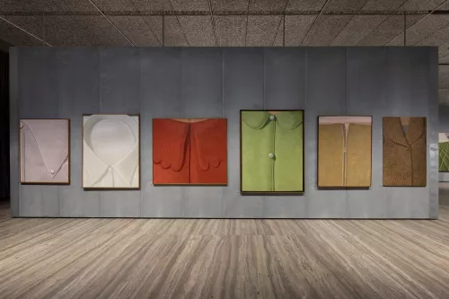 Veduta della mostra “Domenico Gnoli” / Exhibition view of “Domenico Gnoli” Fondazione Prada, Milano Foto / Photo: Roberto Marossi Courtesy: Fondazione Prada, Da sinistra a destra / From left to right Veduta della mostra “Domenico Gnoli” / Exhibition view of “Domenico Gnoli” Fondazione Prada, Milano Foto / Photo: Roberto Marossi Courtesy: Fondazione Prada Stripped Shirt Lapel, 1969 Shirt Collar 14 1⁄2, 1969 Red Dress Collar, 1969 Robe verte, 1967 Fermeture éclair (Zipper), 1967 Finta pelliccia, 1965.