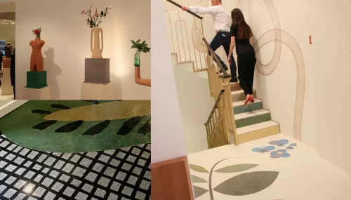 Benedikt Taschen e la figlia controllano gli ultimi preparativi prima dell’apertura del permanent store Taschen disegnato da Marc Newson in via Meravigli 17 (i pavimenti in terrazzo alla veneziana sono di Jonas Wood)