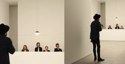Stand Flos, progetto di Ron Gilad, Hall 13/C09-D18, Fiera Rho-Pero. Lampada di Michael Anastassiades