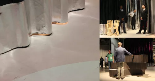 Stand “This is Knoll” curato dallo studio di Rem Koolhaas insieme a Petra Blaisse, Hall 20/C01–D02, Fiera Rho-Pero