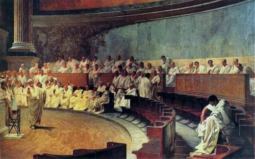 Cesare Maccari, Cicerone denuncia Catilina, 1880 circa, affresco situato a Palazzo Madama, sede del Senato della Repubblica Italiana