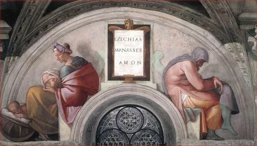 Michelangelo, ciclo degli Antenati di Cristo, Pubblico dominio - Wikimedia Commons.