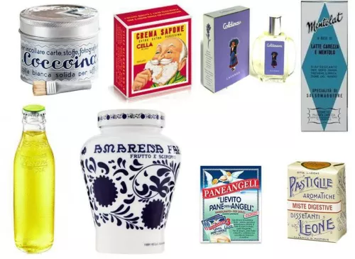 Barattolo di Coccoina; crema sapone Cella; Lavanda Coldinava; dopobarba Mentolat. In basso: Cedrata Tassoni; Amarena Fabbri; Lievito Pane degli Angeli; Pastiglie Leone.