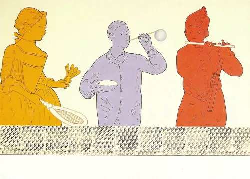 Renato Mambor, Giochi antichi, olio e smalto su tela grezza tamburata 100x140, 2006