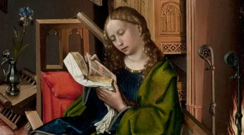 Dettaglio della Santa Barbara (1438) di Robert Campin, anta della Pala Werl (frammenti), 1438, Madrid, Museo del Prado